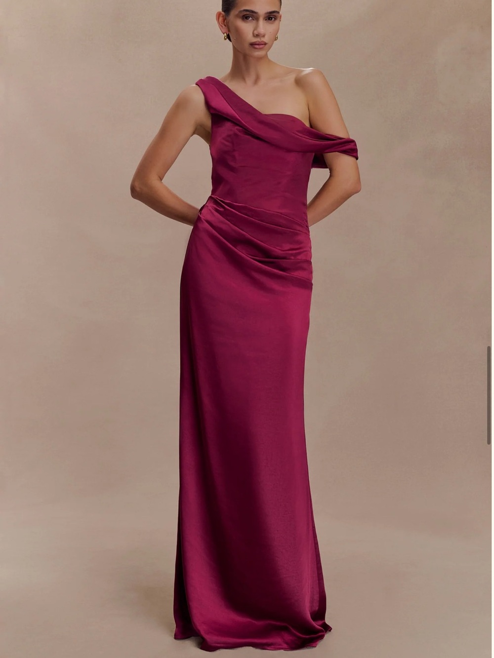 NWT Meshki One-Shoulder Satin Maxi Dress in Mahogany - Picture 4 of 7